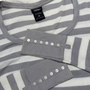 Vanity‎ Y2K Thermal Top Grey White Striped Button Cuff Scoop Neck Womens M